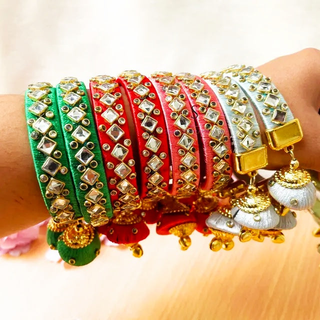 Wedding-ready thread and stone bangles in vibrant colors