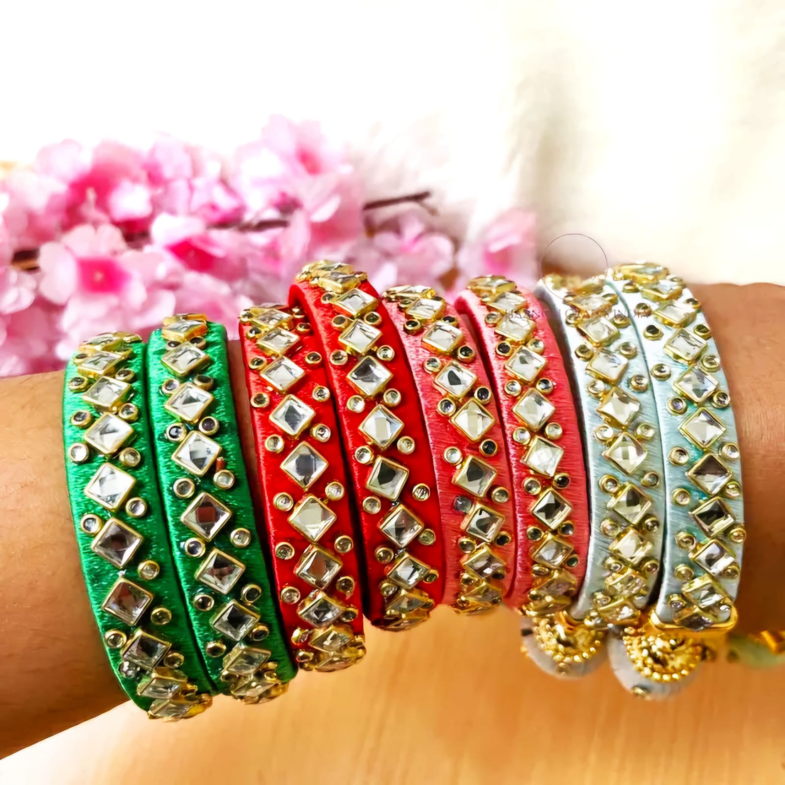 Wedding-ready thread and stone bangles in vibrant colors