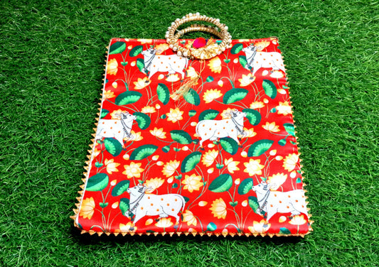 Elegant Red Lotus Cow Motif Handcrafted Pooja Bag | Festive & Spiritual Gift - 30x22 cm - KRIDHA DECOR