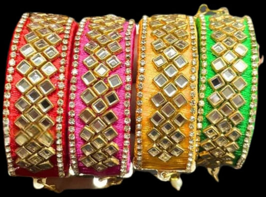 Silk Thread Mirror Bangles | Traditional Elegance for Festive Wear Wedding Haldi Pre Wedding Ceremonies ( 1 Pair )