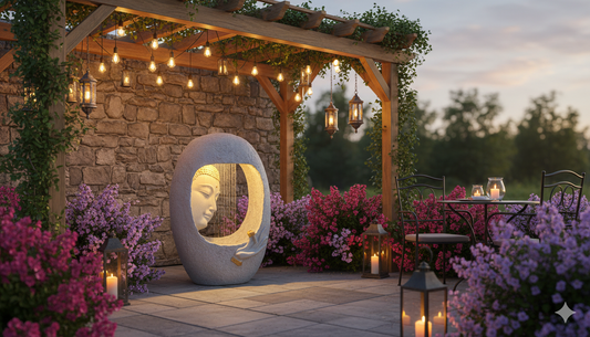 A decorative stone moon-shaped garden sculpture with a Buddha face cutout, placed on a patio under a wooden pergola with hanging string lights and lanterns, surrounded by pink and purple flowers at dusk.