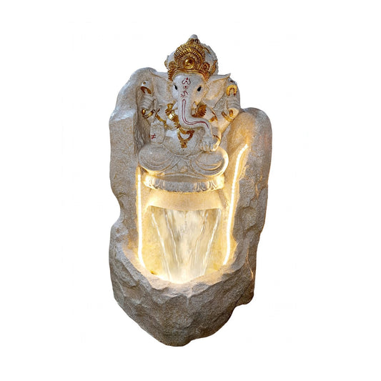 Ganesh waterfall fountain, 2.5 ft, beige with gold detailing and LED lights, on white background