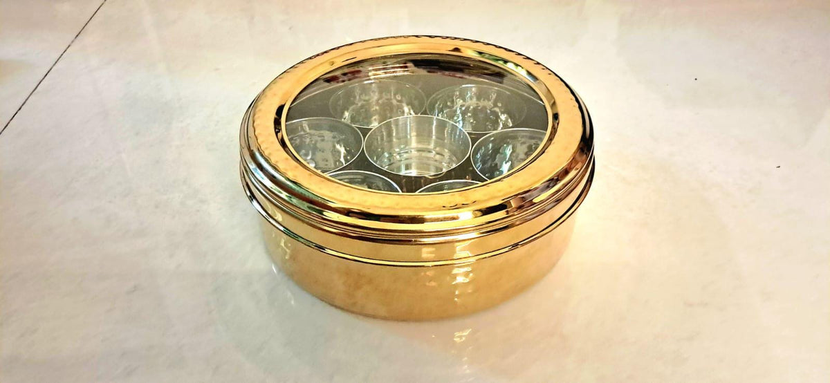 Gold PVD Stainless Steel Masala Dabba: Indian Spice Box with 7 Containers - KRIDHA DECOR