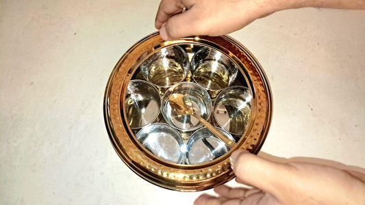 Gold PVD Stainless Steel Masala Dabba: Indian Spice Box with 7 Containers - KRIDHA DECOR