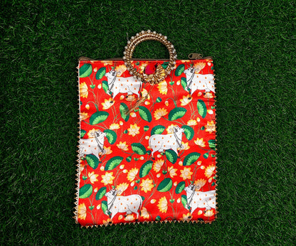 Elegant Red Lotus Cow Motif Handcrafted Pooja Bag | Festive & Spiritual Gift - 30x22 cm