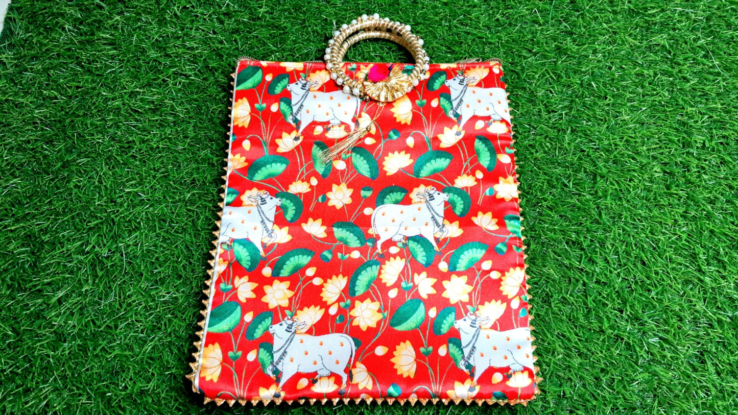 Elegant Red Lotus Cow Motif Handcrafted Pooja Bag | Festive & Spiritual Gift - 30x22 cm