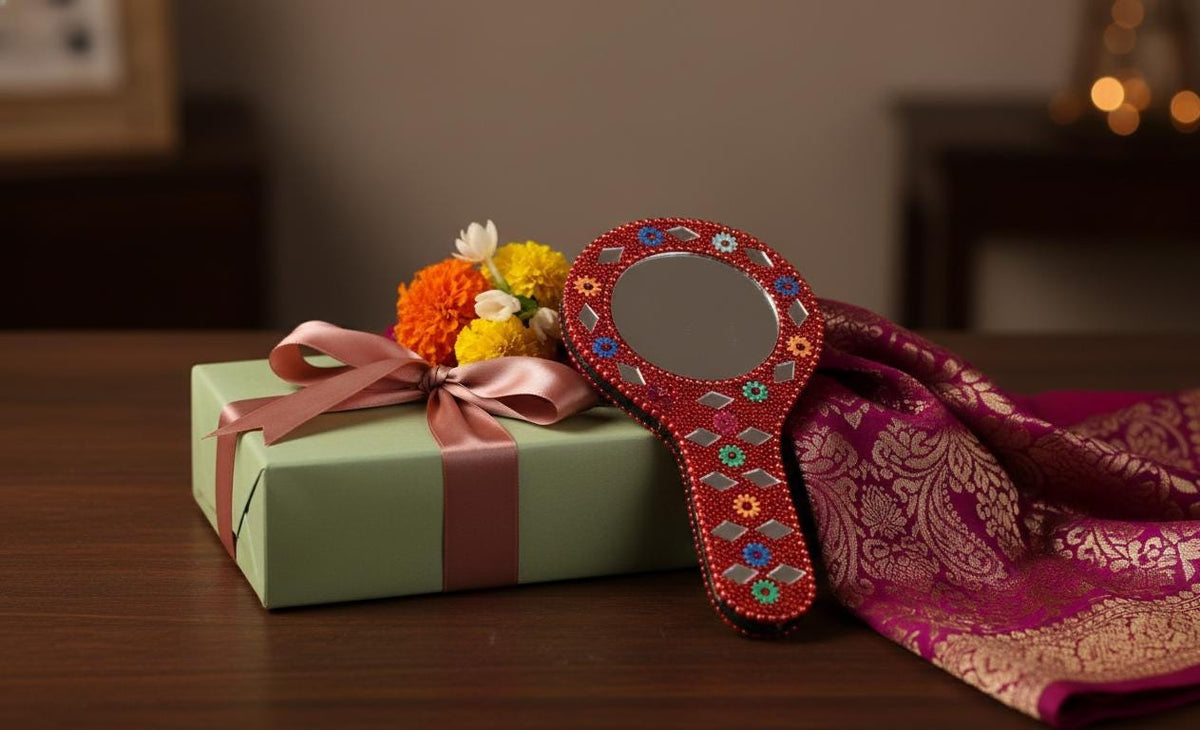 Handmade Rajasthani Hand Mirror – Colorful Mehndi Haldi Favor, Indian Wedding Gift - KRIDHA DECOR