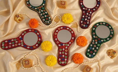 Handmade Rajasthani Hand Mirror – Colorful Mehndi Haldi Favor, Indian Wedding Gift - KRIDHA DECOR