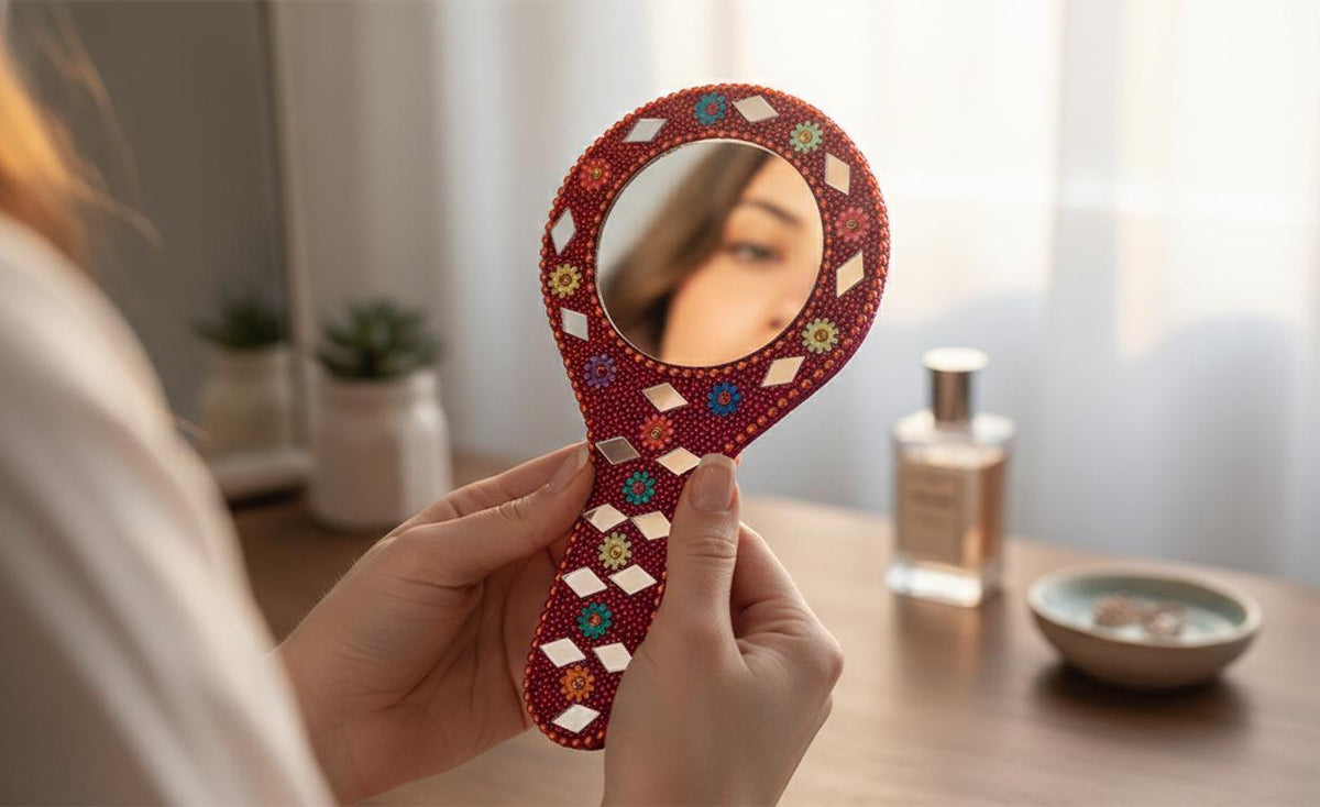 Handmade Rajasthani Hand Mirror – Colorful Mehndi Haldi Favor, Indian Wedding Gift - KRIDHA DECOR