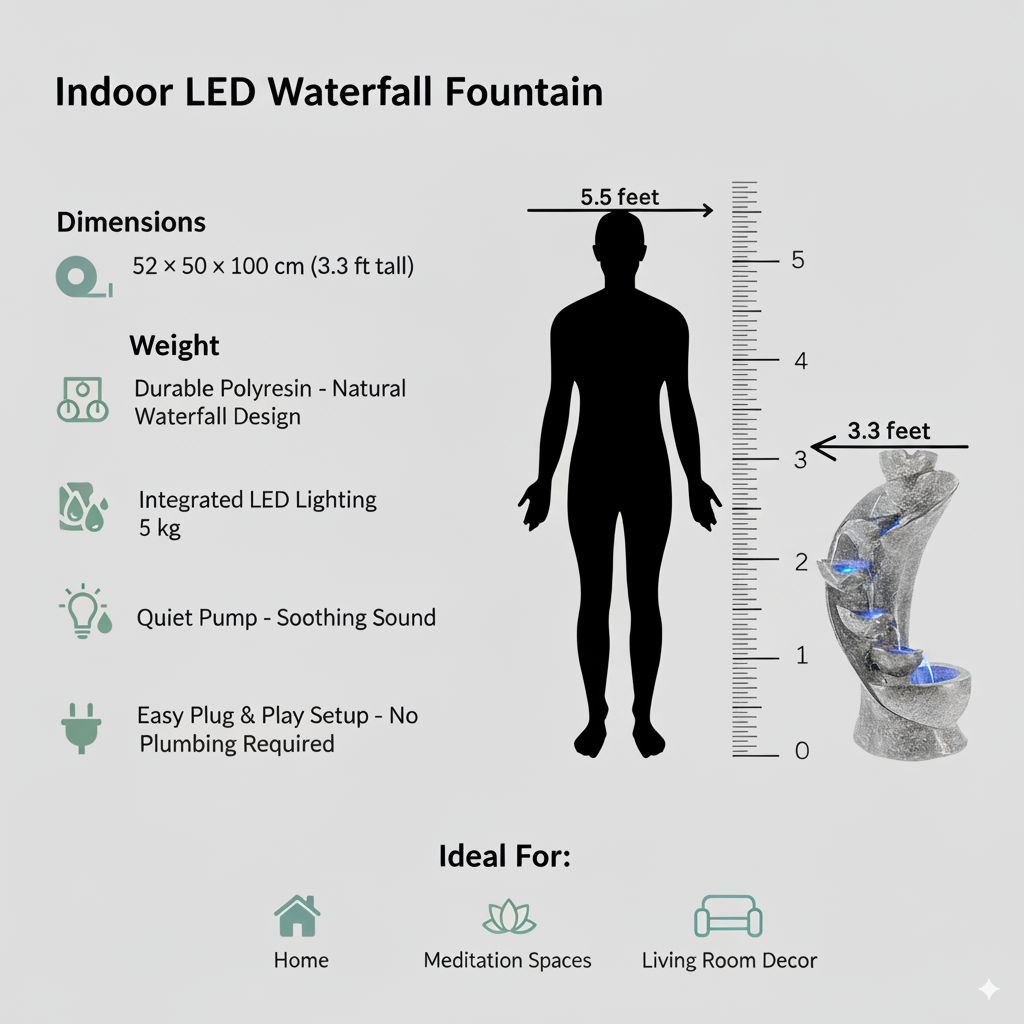 Indoor LED waterfall fountain dimensions and features on a gray background