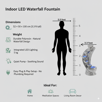 Indoor LED waterfall fountain dimensions and features on a gray background