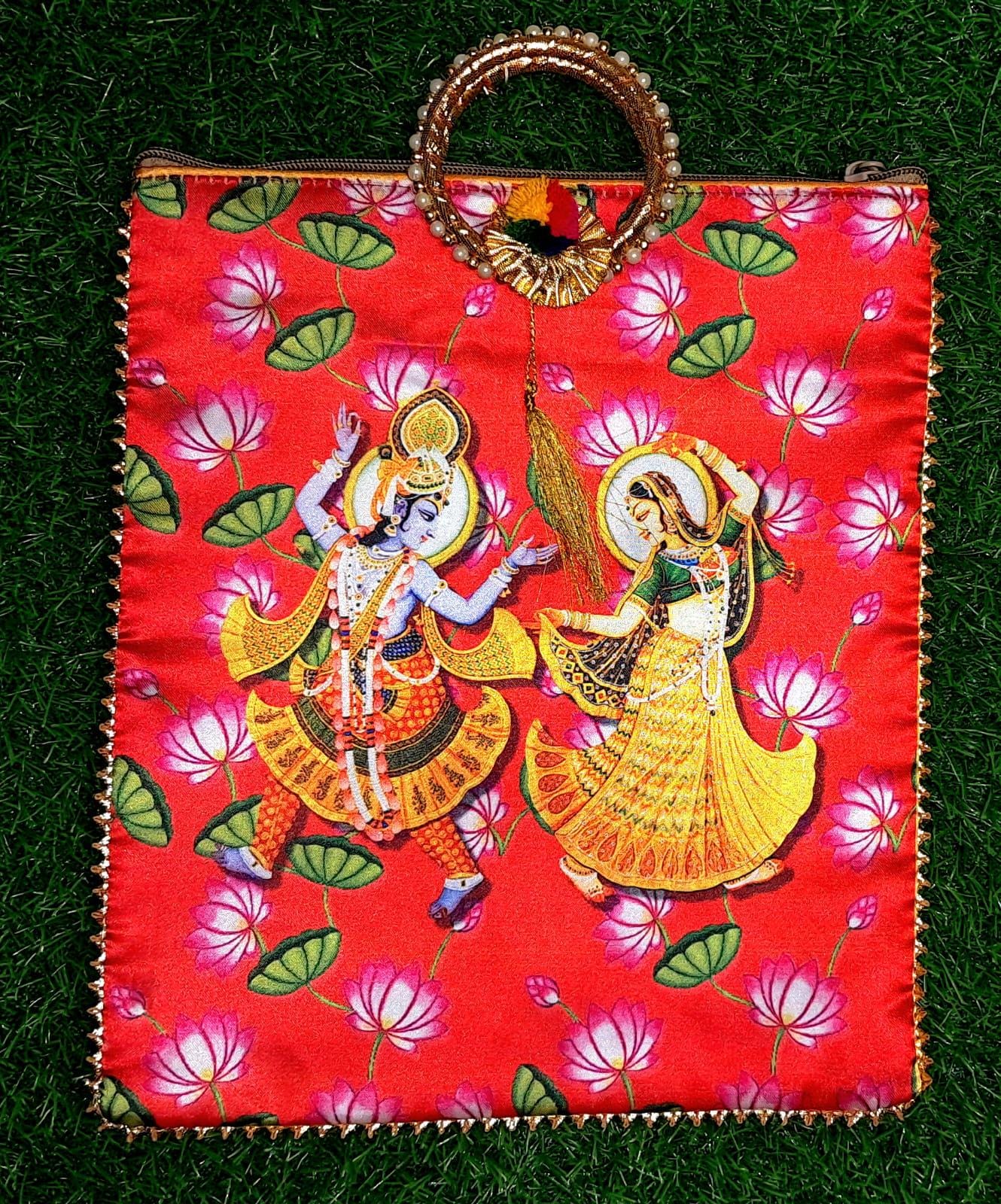 Handmade Radha Krishna Pooja Bag with Floral Design