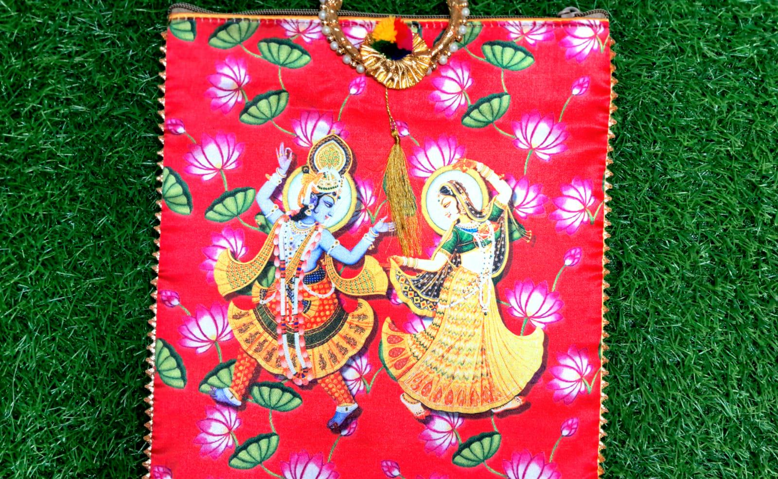 Handmade Radha Krishna Pooja Bag with Floral Design