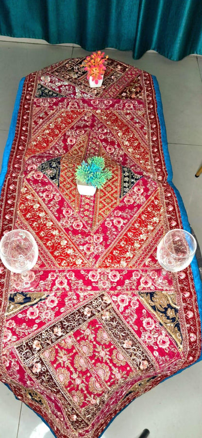 Embroidered Patchwork Tapestry: Indian Beaded Wall Hanging, 58x20"