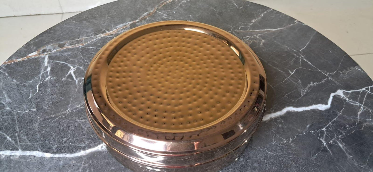 Indian Spice Box in Rose Gold with Hammered Pattern and 7 Pots, Double lid and 1 spoon