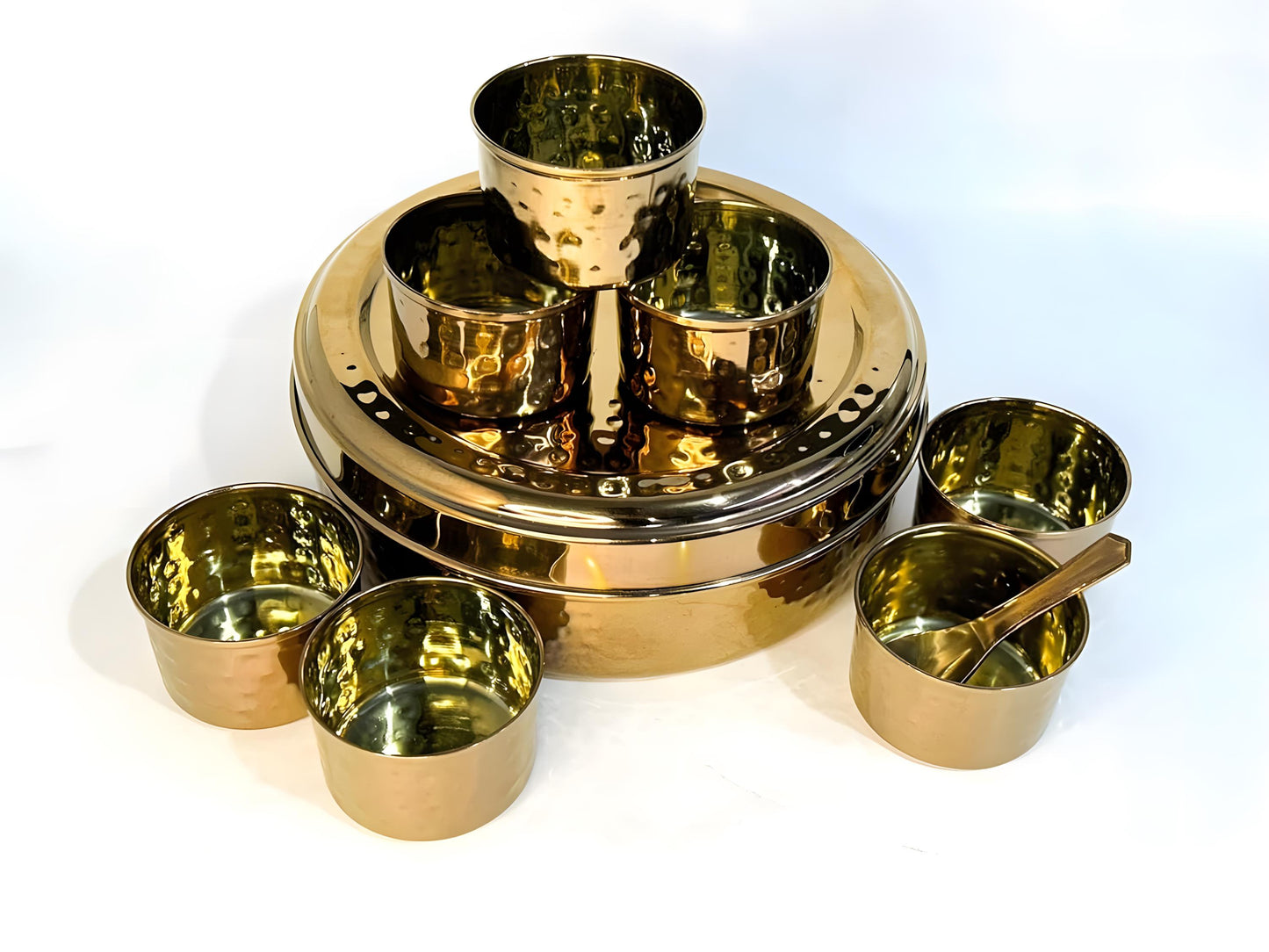Indian Spice Box in Gold with Hammered Pattern and 7 Pots, Double lid and 1 spoon