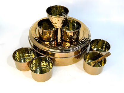 Indian Spice Box in Gold with Hammered Pattern and 7 Pots, Double lid and 1 spoon