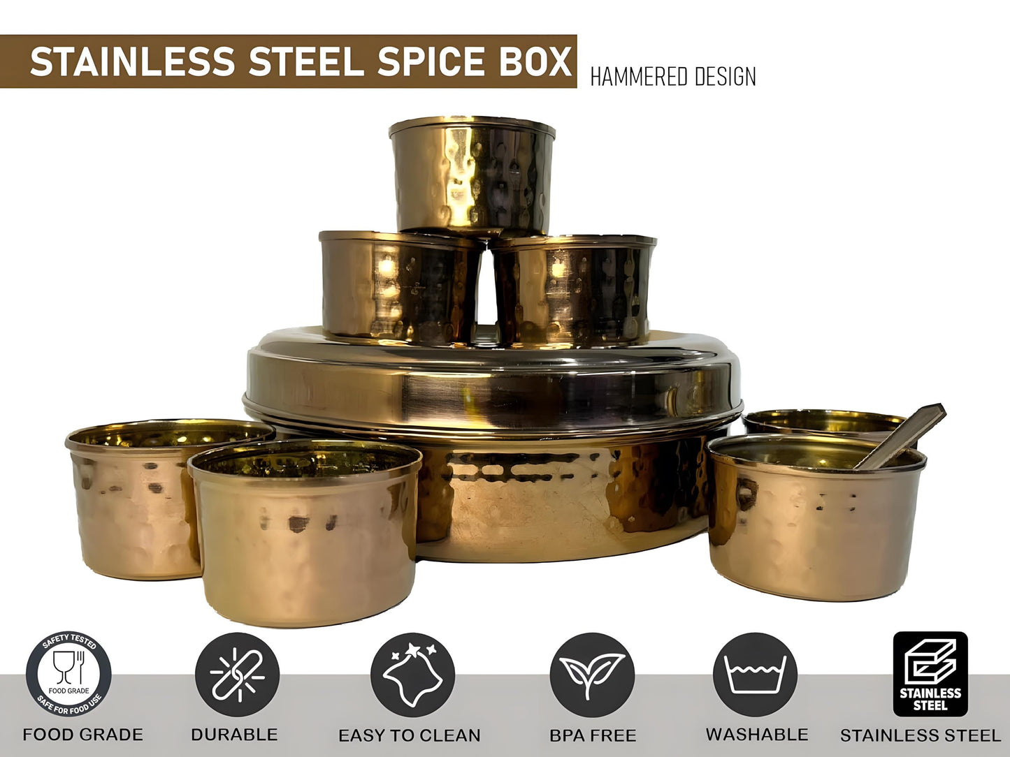 Indian Spice Box in Rose Gold with Hammered Pattern and 7 Pots, Double lid and 1 spoon