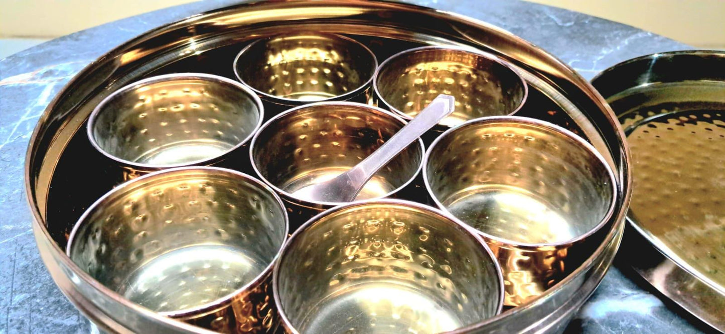Indian Spice Box in Rose Gold with Hammered Pattern and 7 Pots, Double lid and 1 spoon