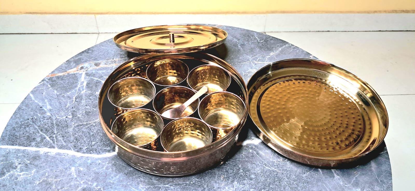 Indian Spice Box in Rose Gold with Hammered Pattern and 7 Pots, Double lid and 1 spoon
