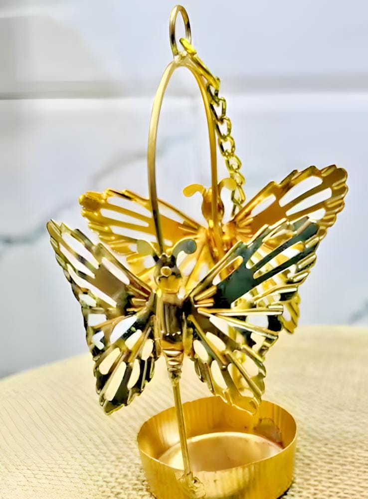 Gold Aluminum Butterfly Tealight Holder: Diwali Decor - (Pack of 4)