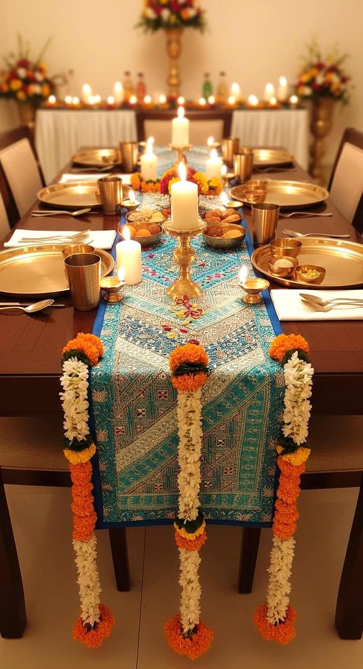 Handmade Patchwork Table Runner: Embroidered Indian Sari, 60" x 12"