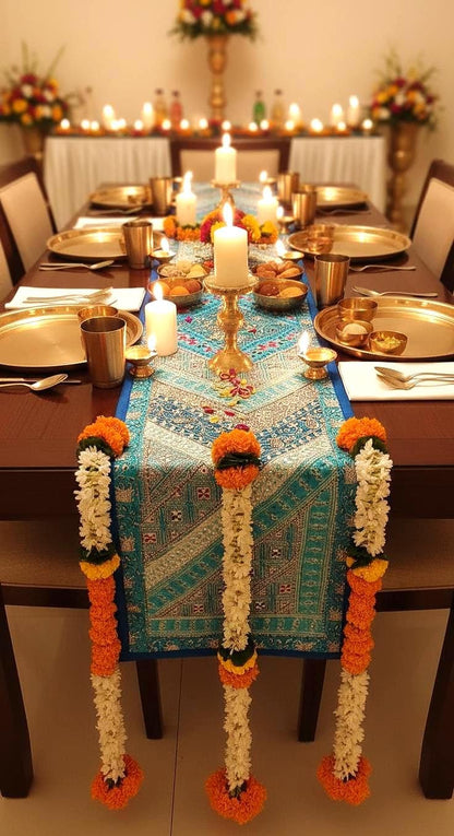 Handmade Patchwork Table Runner: Embroidered Indian Sari, 60" x 12"