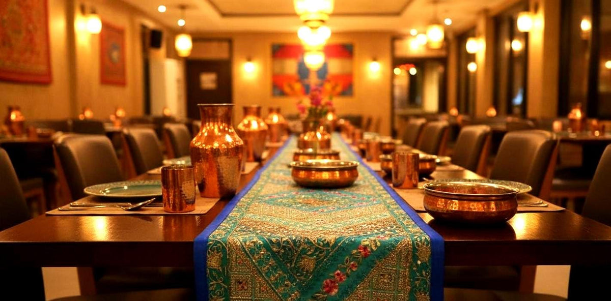 Handmade Patchwork Table Runner: Embroidered Indian Sari, 60" x 12"