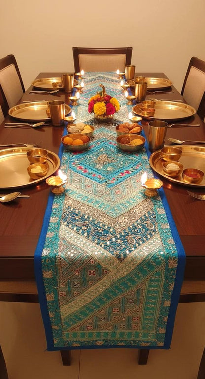Handmade Patchwork Table Runner: Embroidered Indian Sari, 60" x 12"