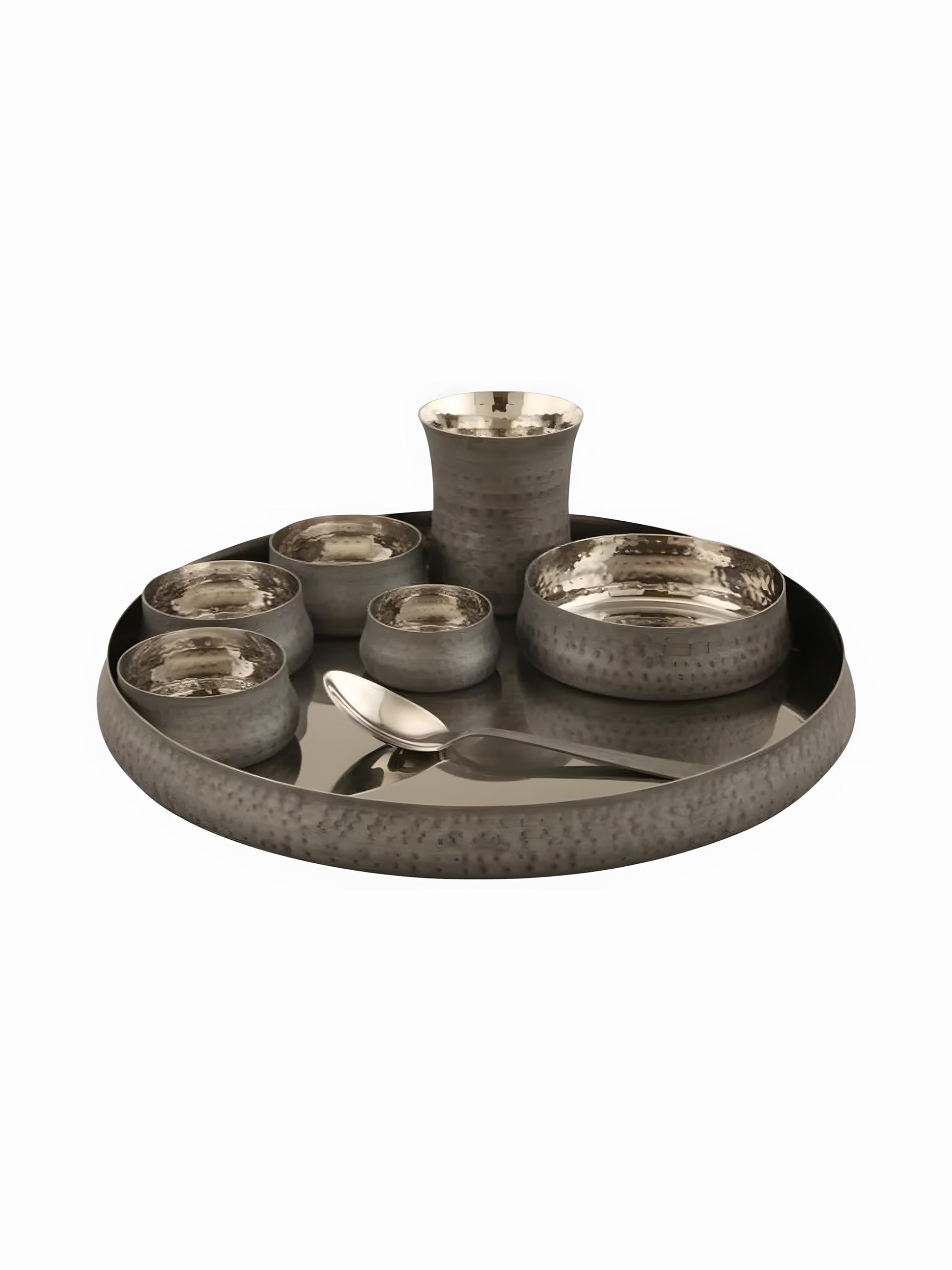 Hammered Brass Copper Kansa Thali Set - 8 Piece Indian Dinnerware