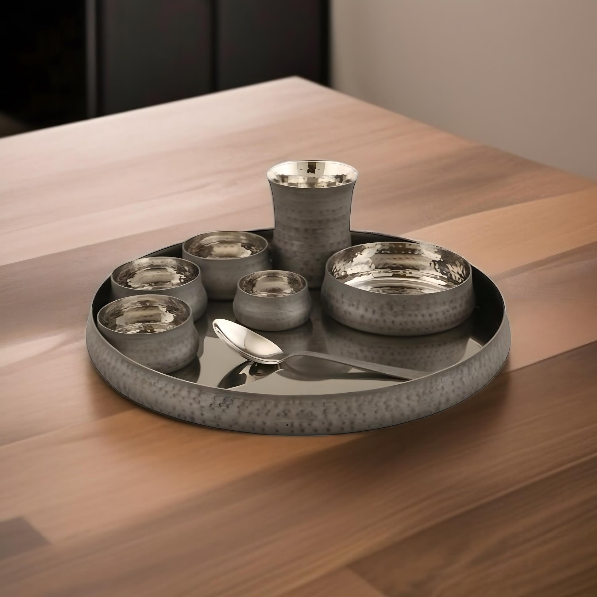 Hammered Brass Copper Kansa Thali Set - 8 Piece Indian Dinnerware