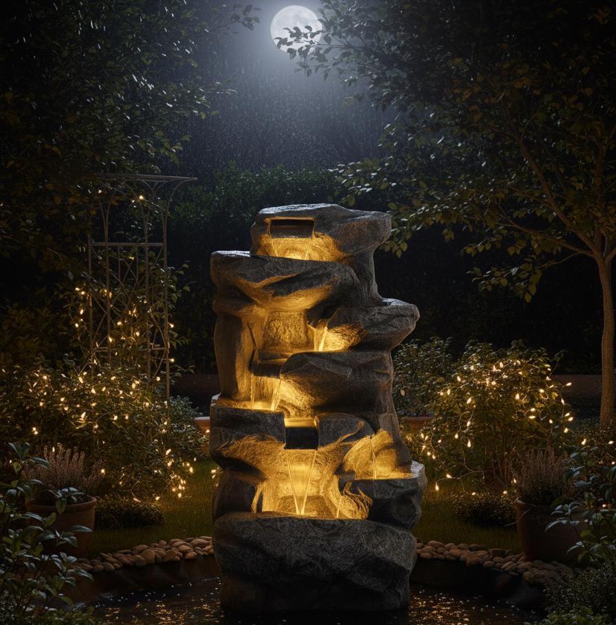 Large Indoor Water Fountain with LEDs: Poly Resin Rock Waterfall Feature
