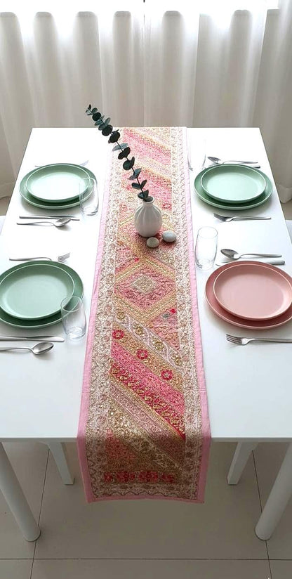 Handmade Indian Patchwork Table Runner: Embroidered Beaded Bohemian Decor