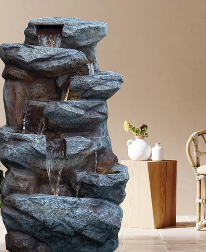 Large Indoor Water Fountain with LEDs: Poly Resin Rock Waterfall Feature