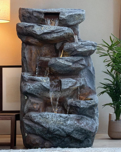 Large Indoor Water Fountain with LEDs: Poly Resin Rock Waterfall Feature