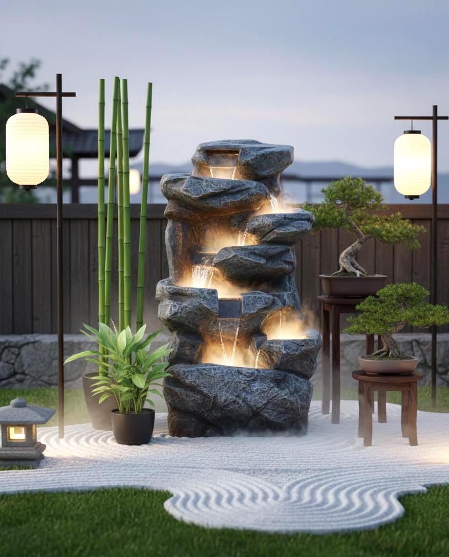 Large Indoor Water Fountain with LEDs: Poly Resin Rock Waterfall Feature