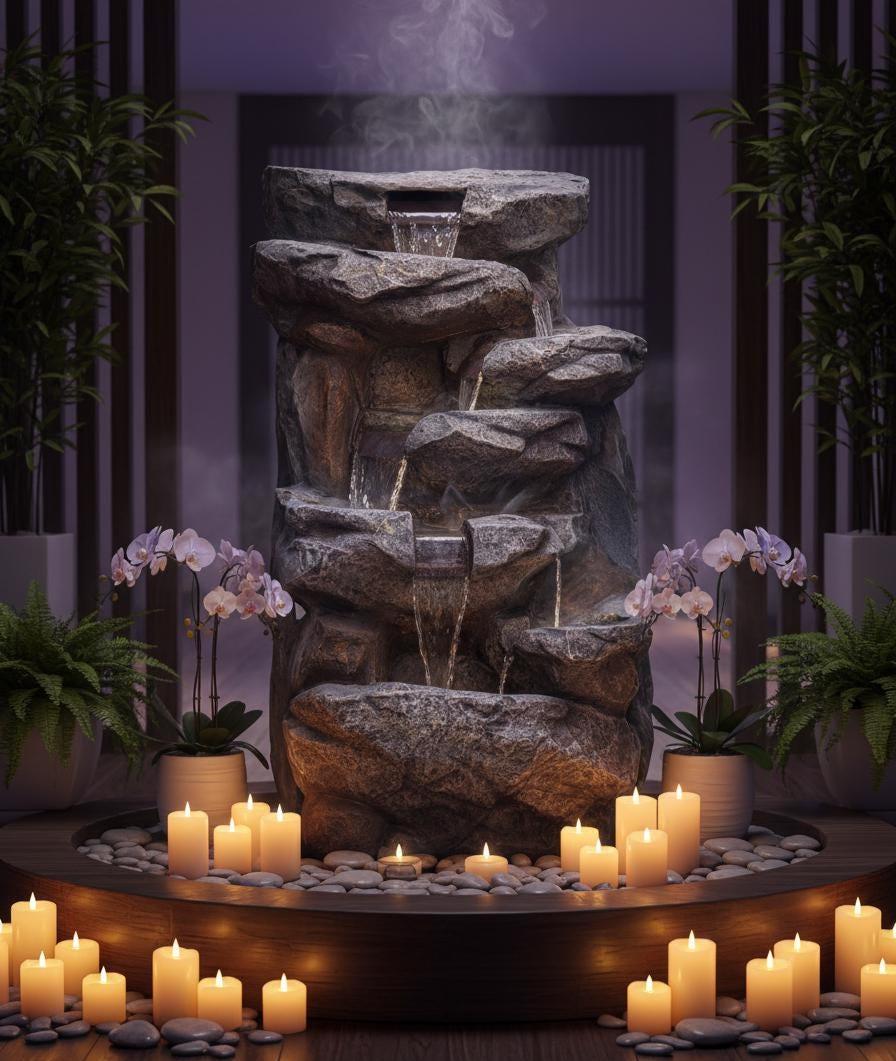 Large Indoor Water Fountain with LEDs: Poly Resin Rock Waterfall Feature