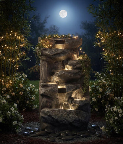 Large Indoor Water Fountain with LEDs: Poly Resin Rock Waterfall Feature