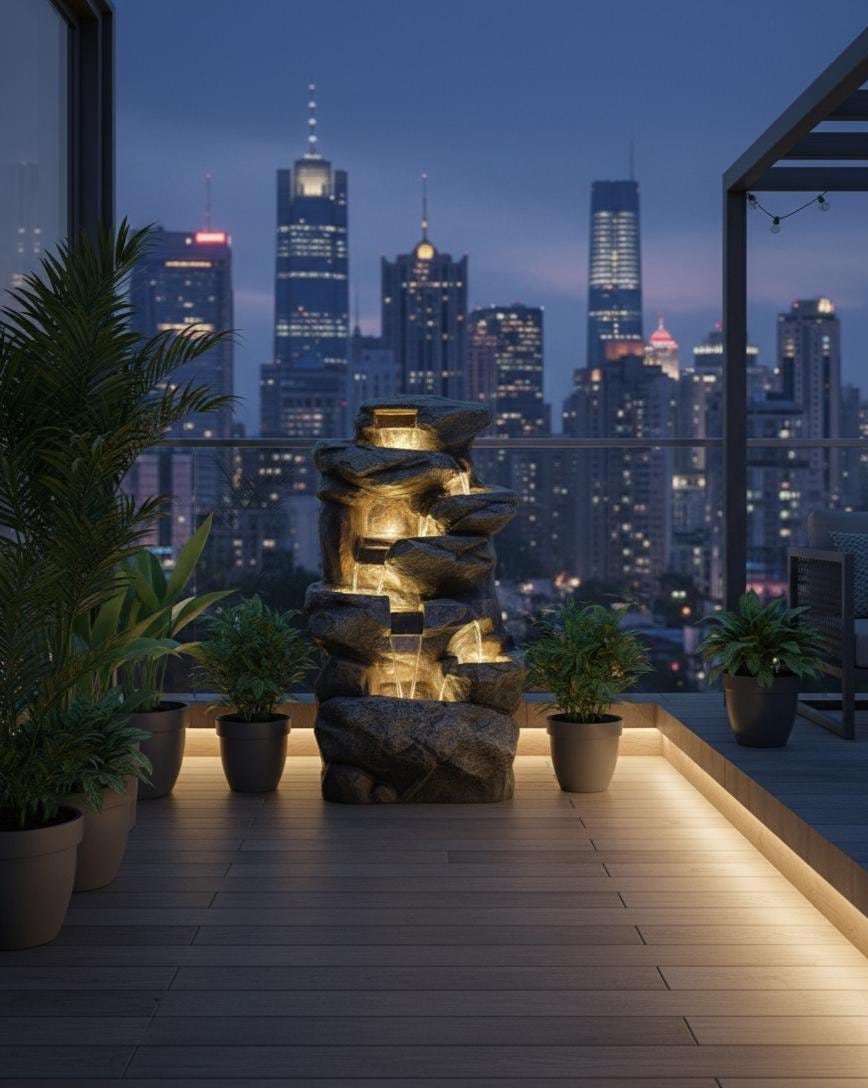 Large Indoor Water Fountain with LEDs: Poly Resin Rock Waterfall Feature