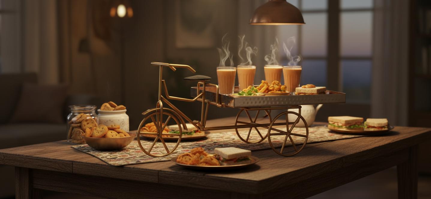 Hammered Stainless Steel PVD Coated Rickshaw Serving Cart | Indian Style Food Presentation