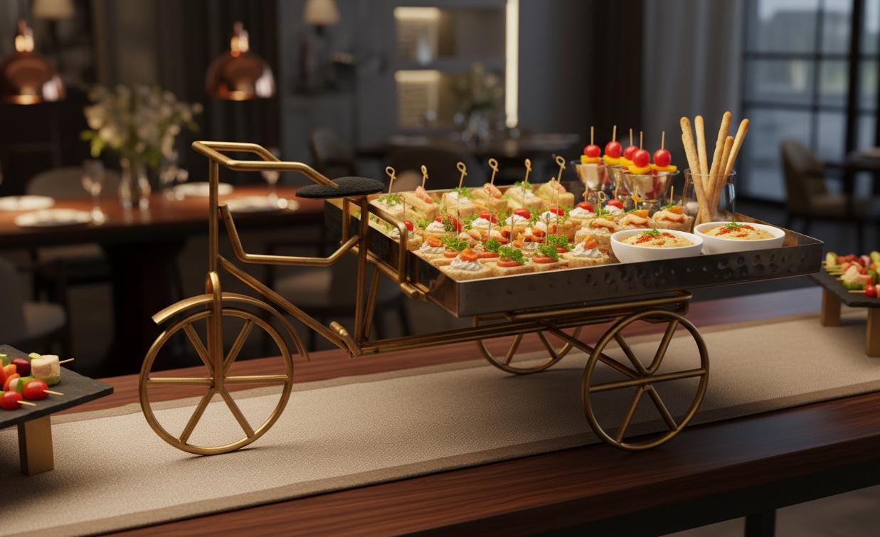 Hammered Stainless Steel Rickshaw Serving Cart: Indian Style Food Presentation