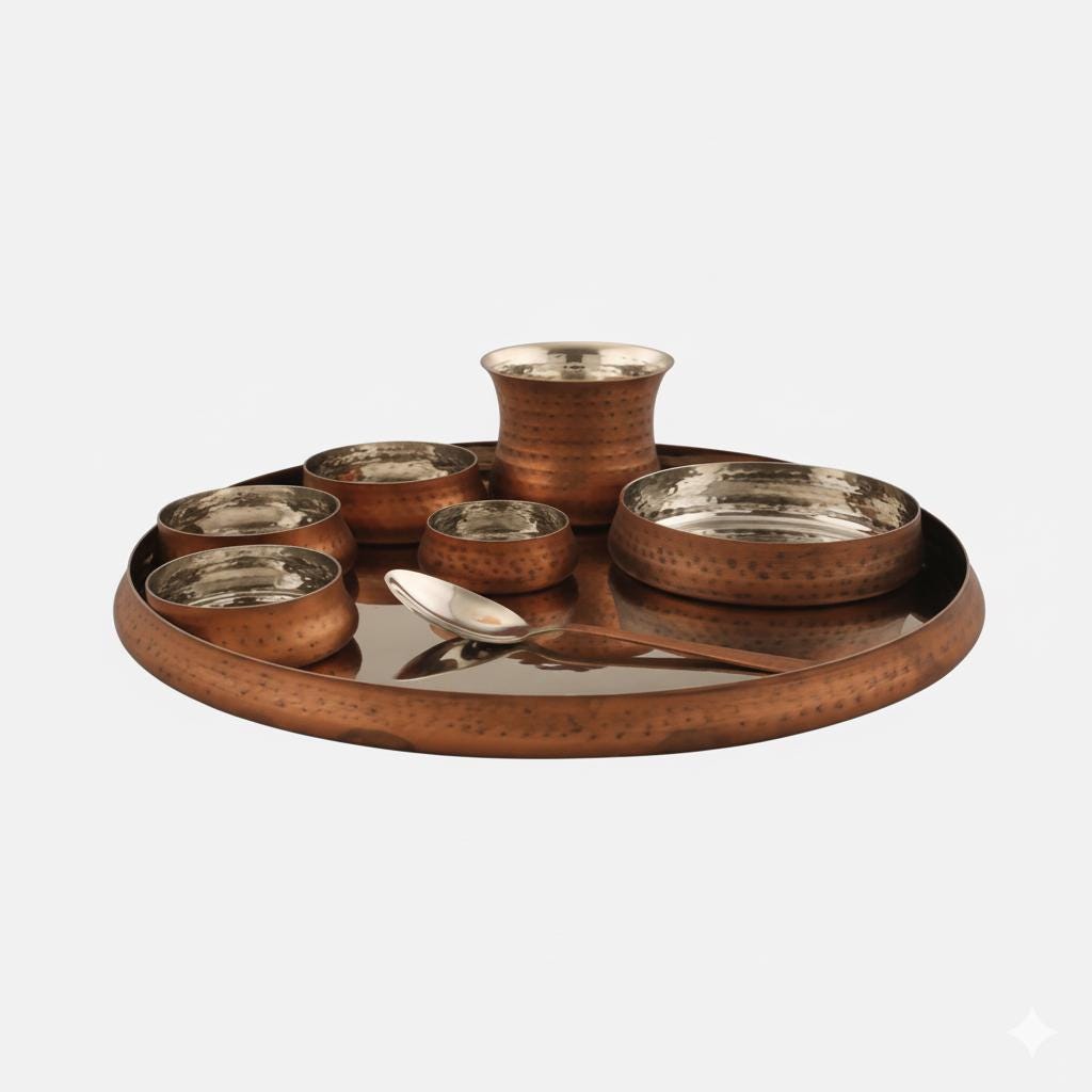 Hammered Brass Copper Kansa Thali Set - 8 Piece Indian Dinnerware