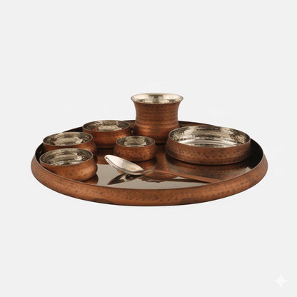 Hammered Brass Copper Kansa Thali Set - 8 Piece Indian Dinnerware
