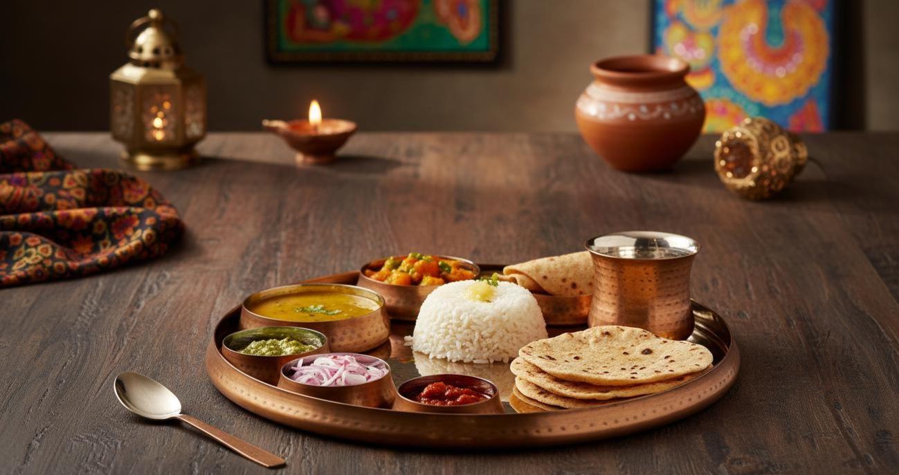 Hammered Brass Copper Kansa Thali Set - 8 Piece Indian Dinnerware