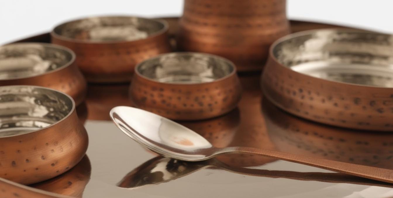 Hammered Brass Copper Kansa Thali Set - 8 Piece Indian Dinnerware
