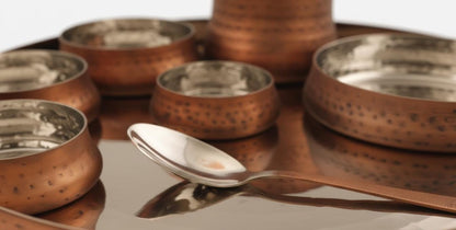 Hammered Brass Copper Kansa Thali Set - 8 Piece Indian Dinnerware