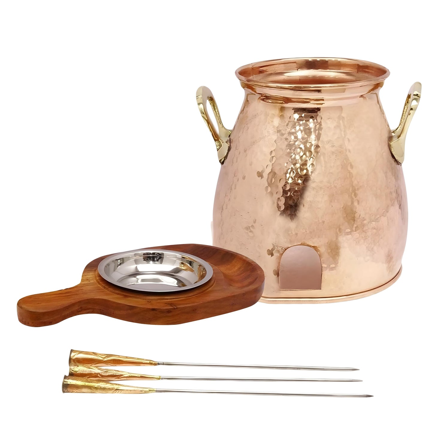 Copper & Wooden Table Tandoor Set - 3 Skewers | Traditional Indian Food Warmer | Dinnerware