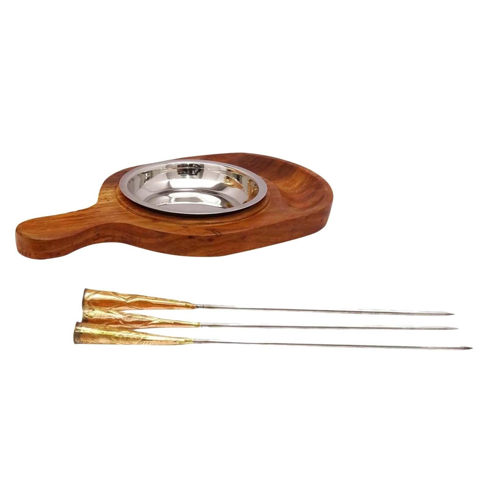 Copper & Wooden Table Tandoor Set - 3 Skewers | Traditional Indian Food Warmer | Dinnerware