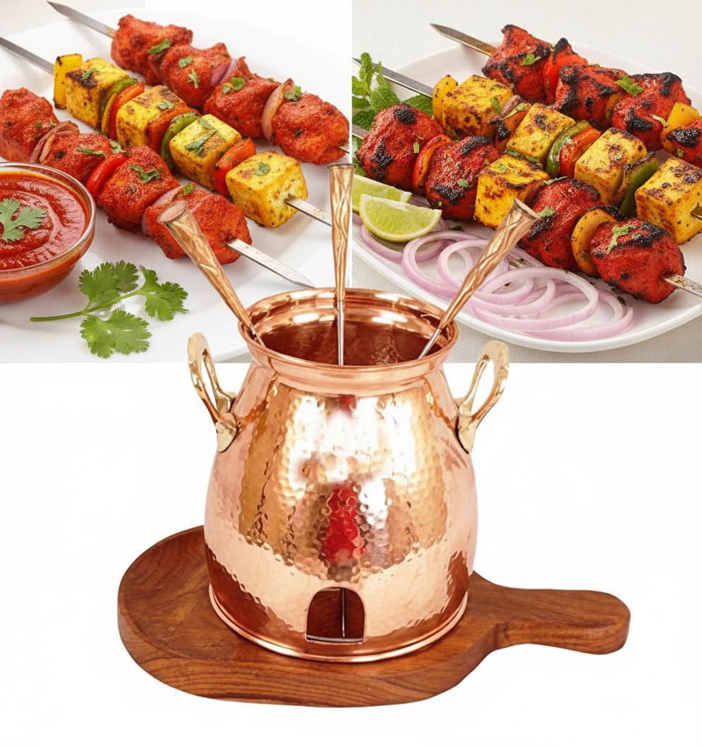 Copper & Wooden Table Tandoor Set - 3 Skewers | Traditional Indian Food Warmer | Dinnerware