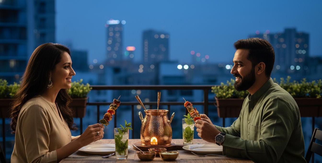 Copper & Wooden Table Tandoor Set - 3 Skewers | Traditional Indian Food Warmer | Dinnerware